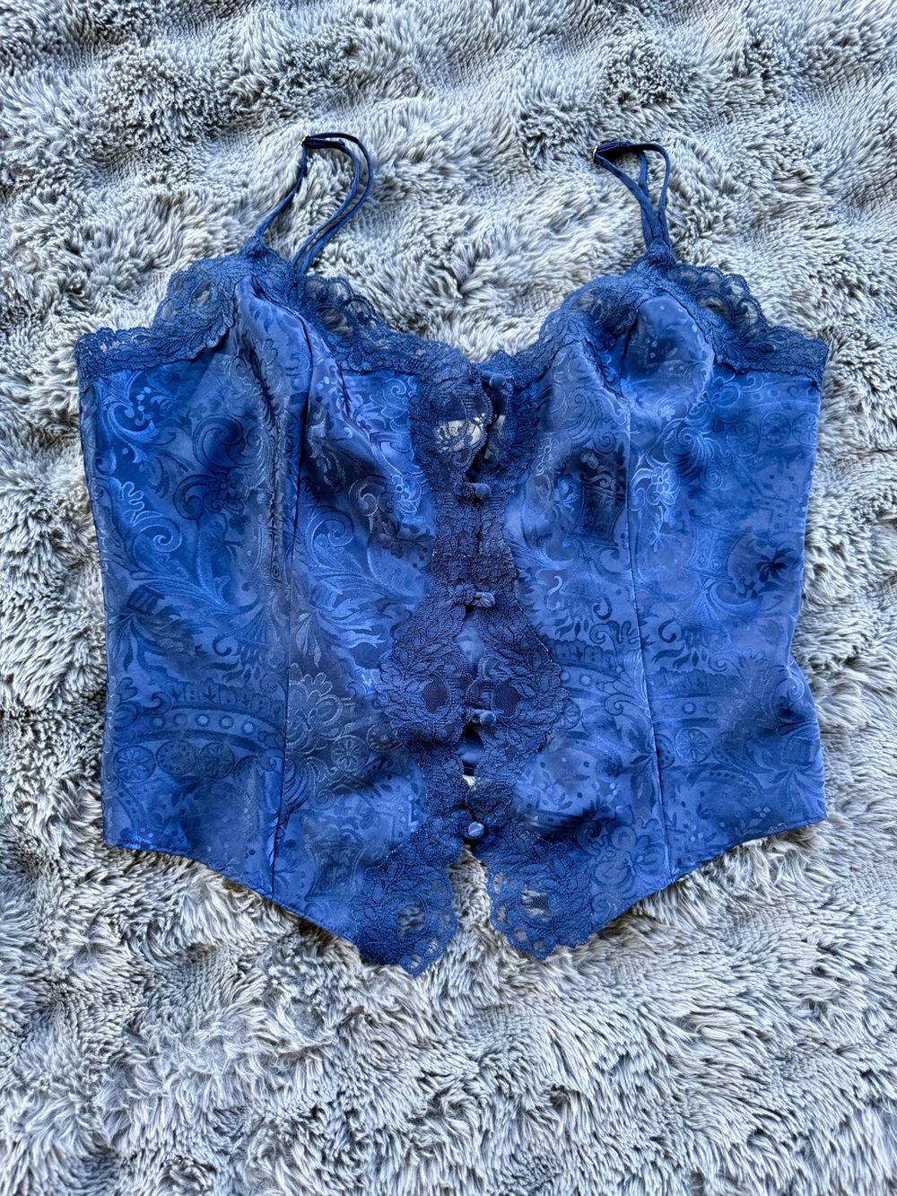 Vintage 90s Victoria's Secret Blue Lace Trim Satin Slip Bustier Top